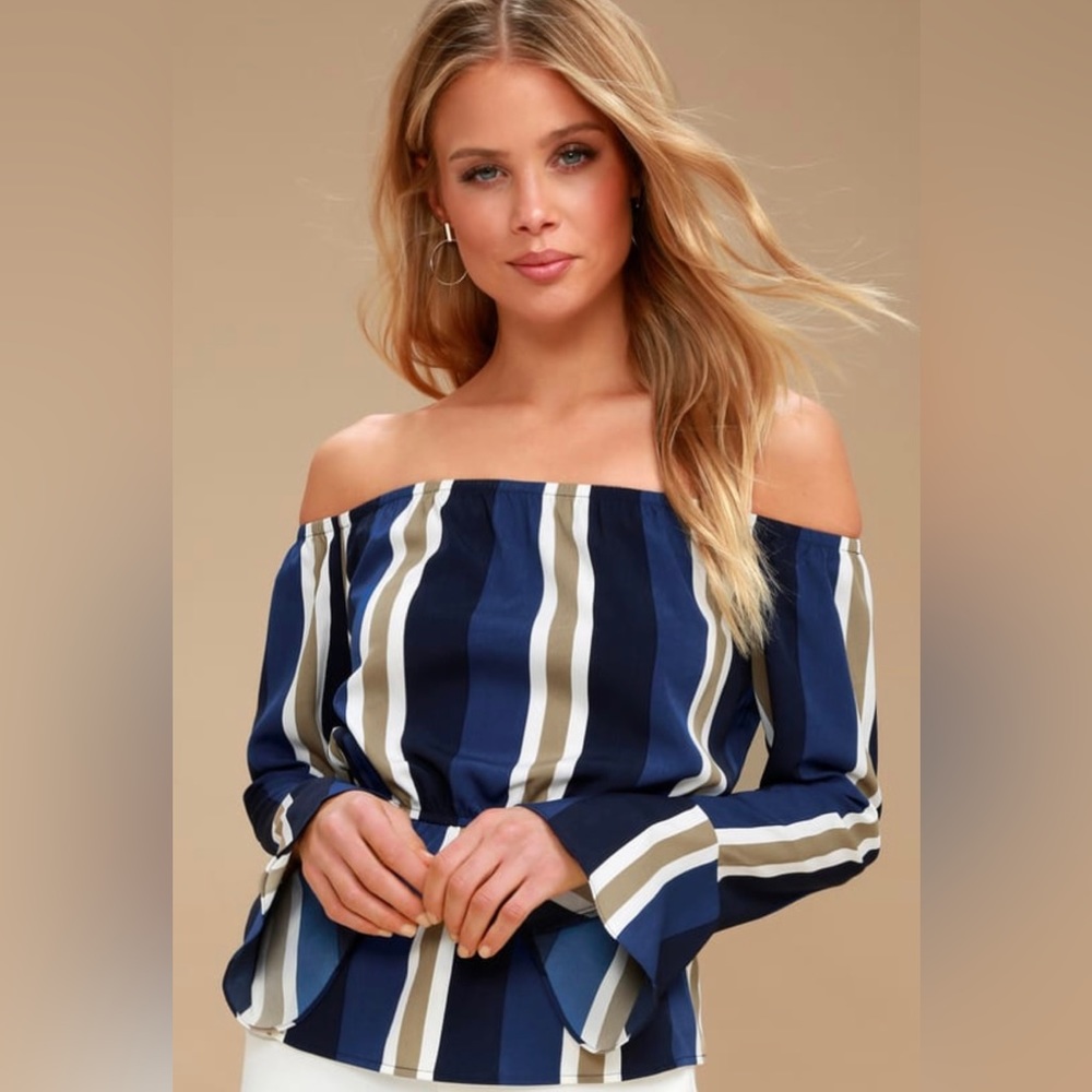 Waterside navy blue striped off-the-shoulder top - Lulu’s